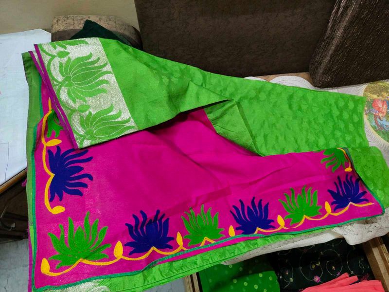 Half And Haf Pink &amp; Green Saree