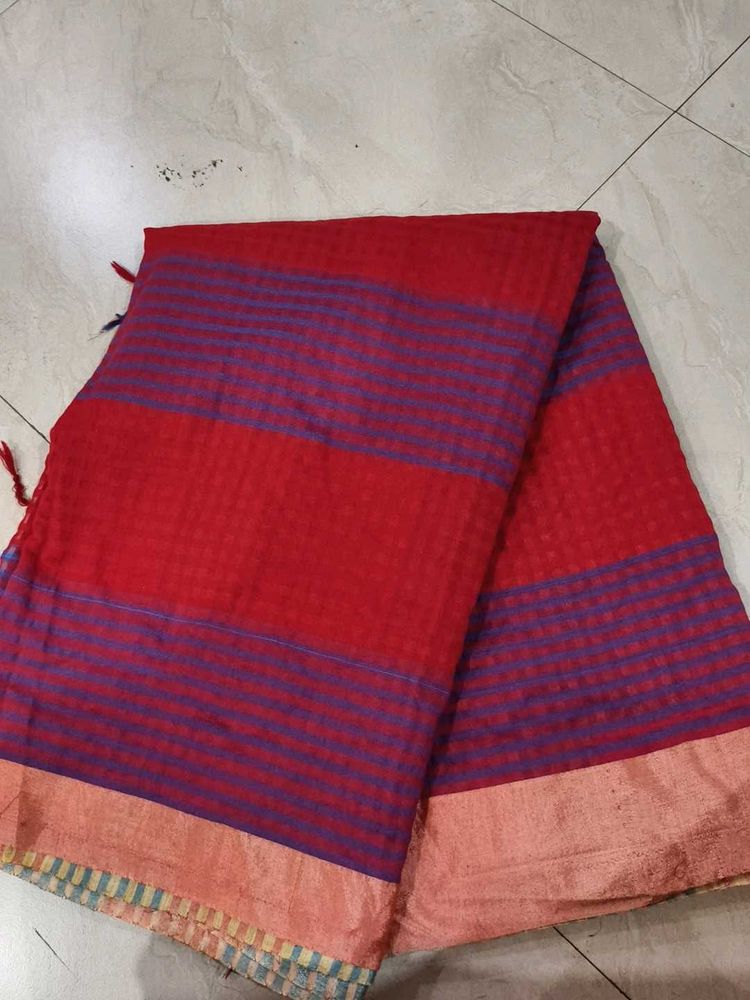 Elegant Red &amp; Purple Striped Saree