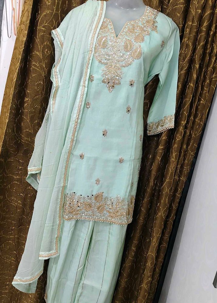 Mint Green Embroidered Kurta Set with Dupatta