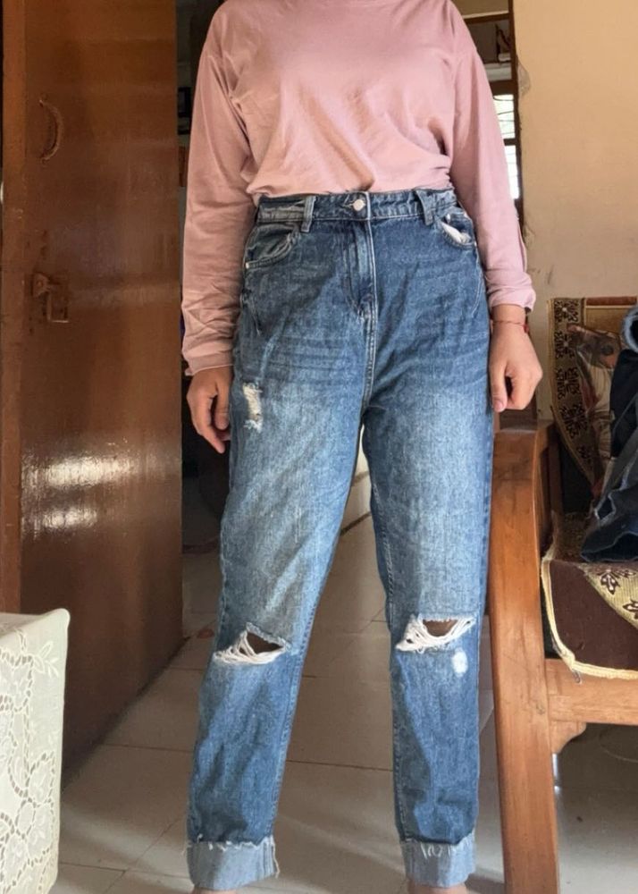 High Waisted Blue Ripped Jeans