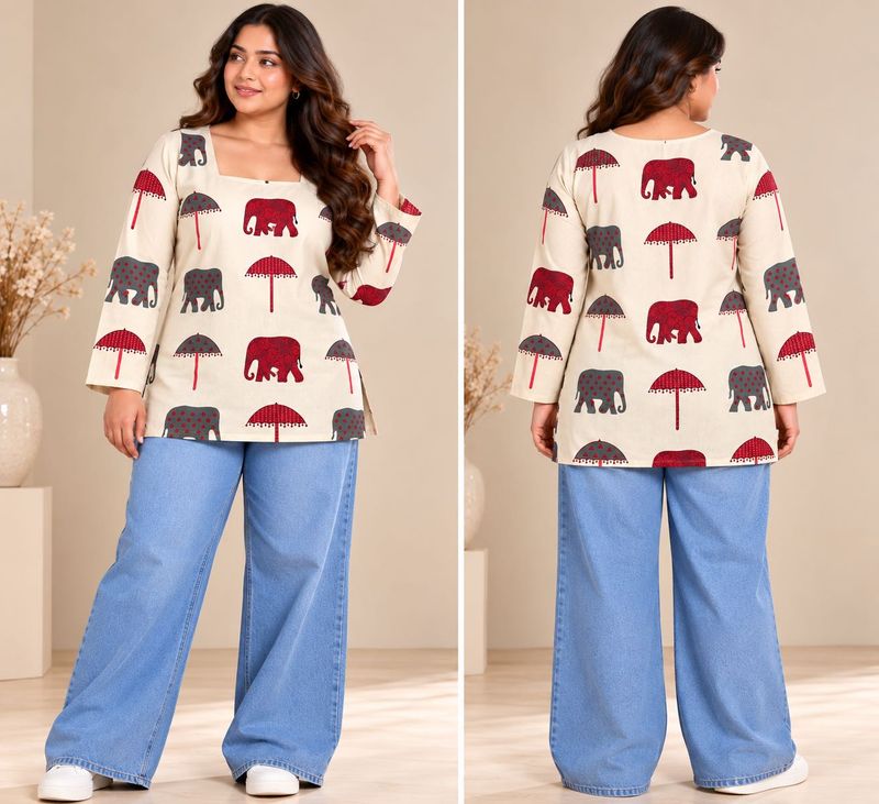 🐘 Modran Elephant &amp; Umbrella Printed Short Kurti