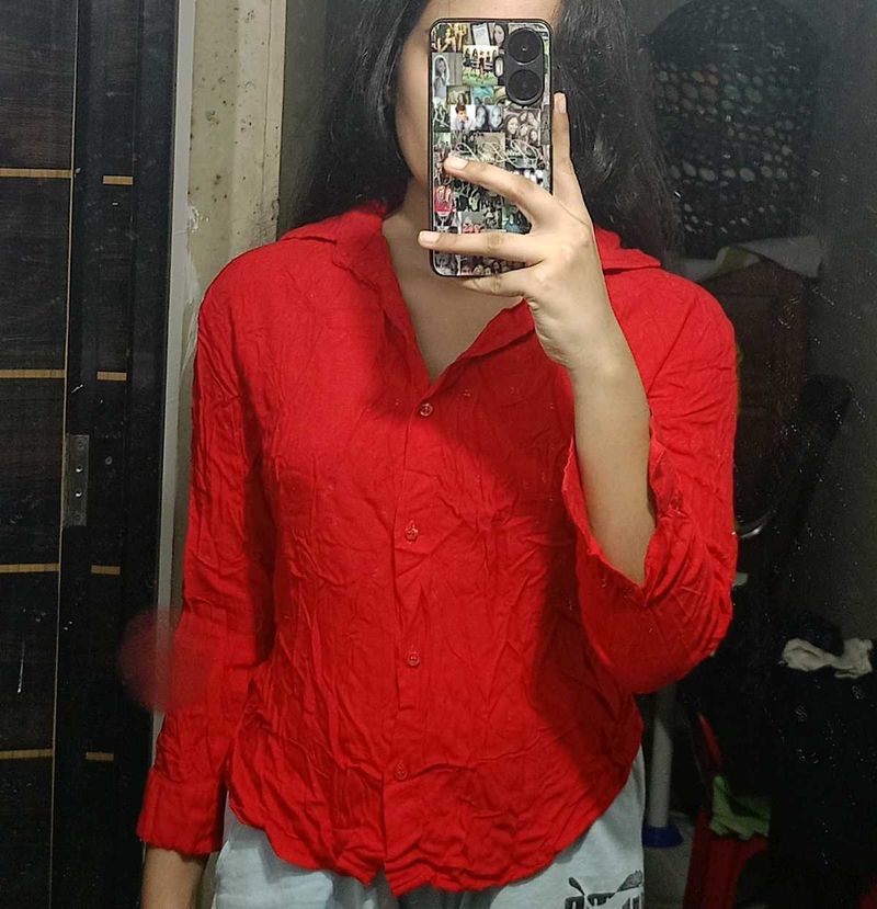 Red Collared Button-Up Shirt
