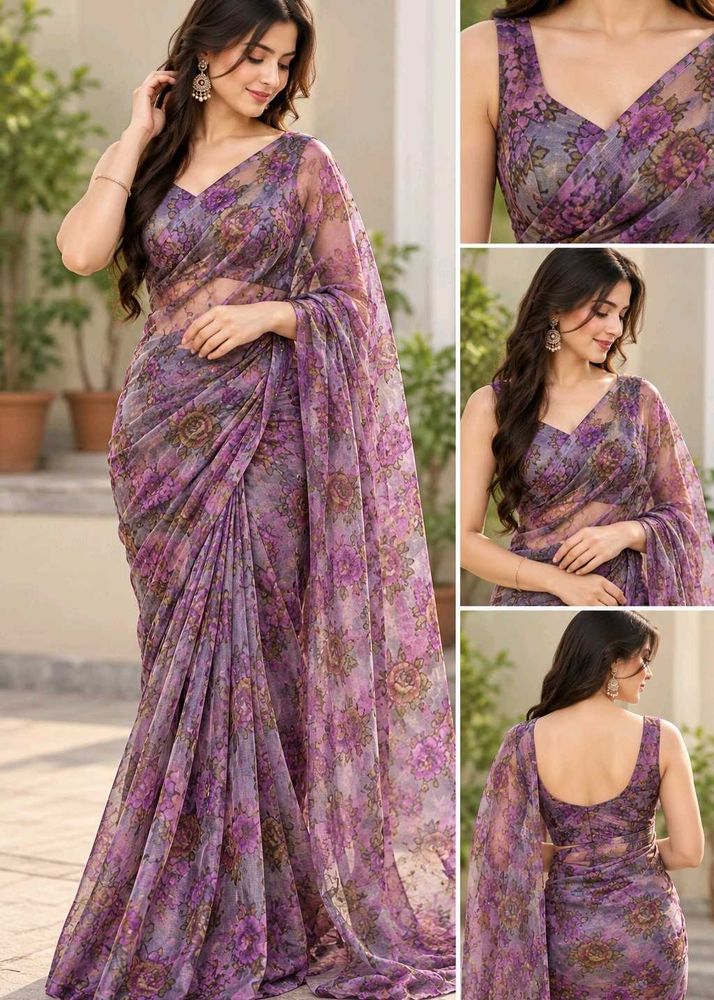 Purple Floral Net Saree with Unstitched Blouse