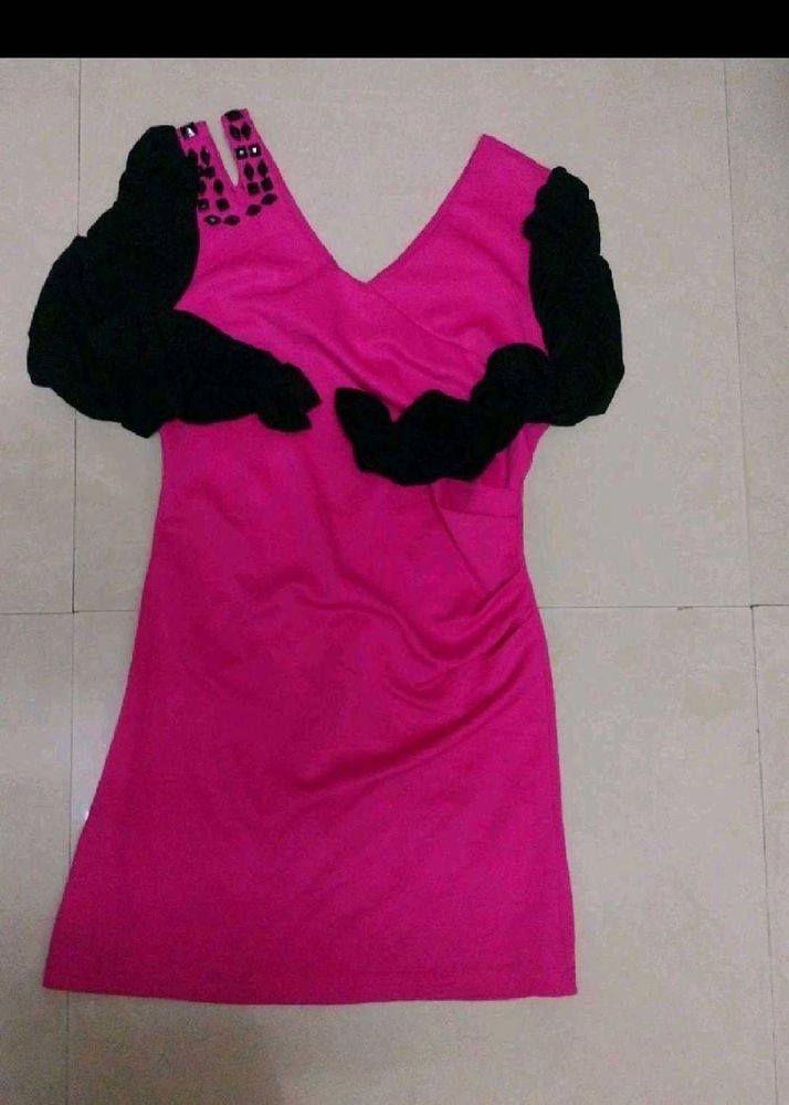 Vibrant Pink Dress with Black Embellished Sleeves