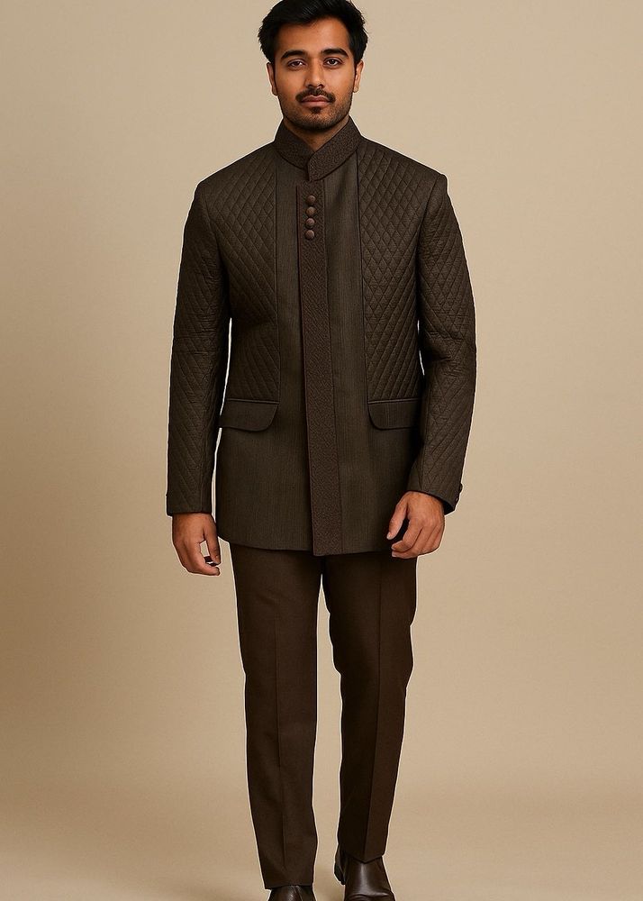 Premium Silk Coffee Brown Quilted Men Suit Set