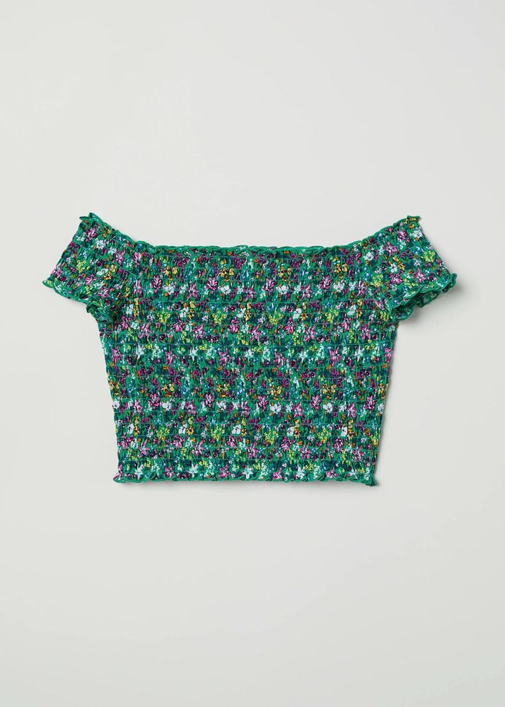 Green Floral Smocked Off-Shoulder Top