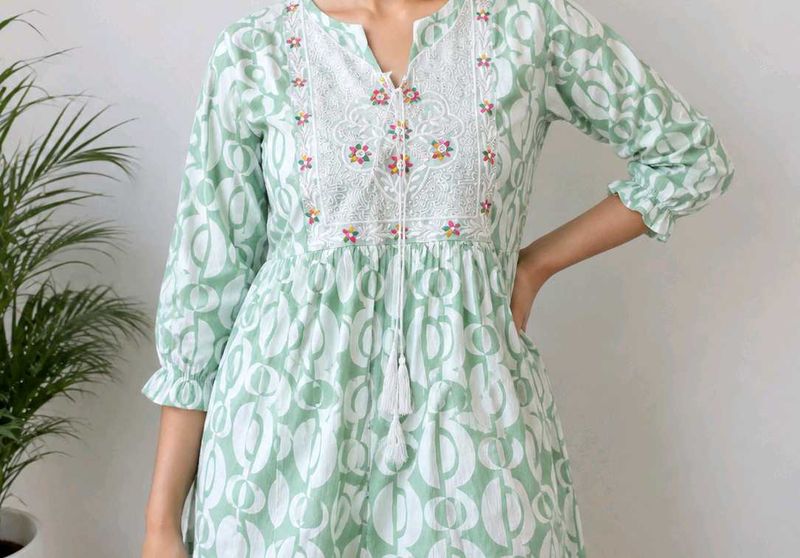 Embroidered Green Block Print short Kurti