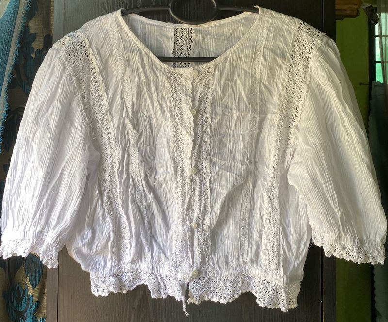 White Lace Trimmed Cropped Blouse