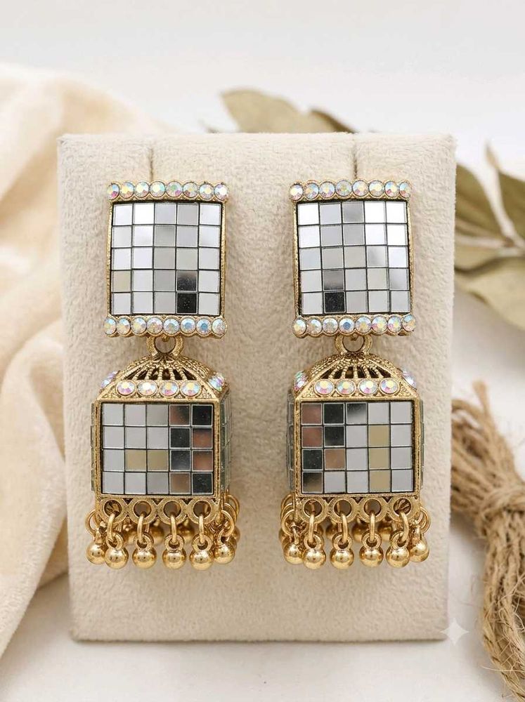 Mirror Jhumka Earrings with Beads