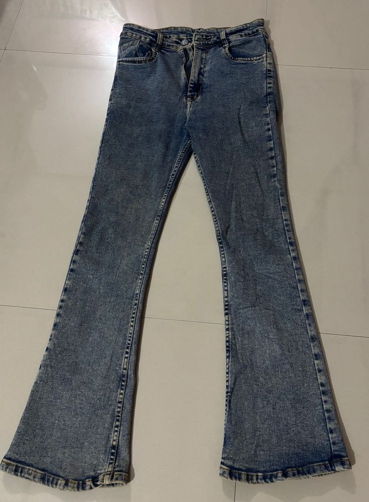 Womens Flared Acid Wash Jeans