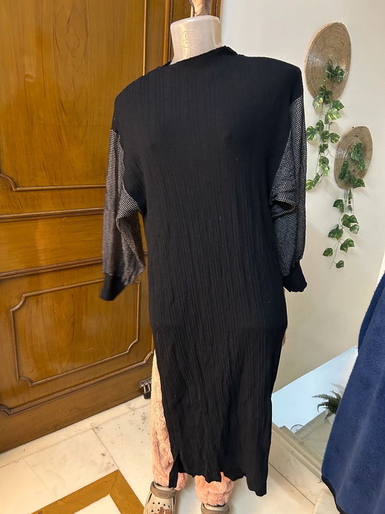 Black Midi Dress with Mesh Sleeves