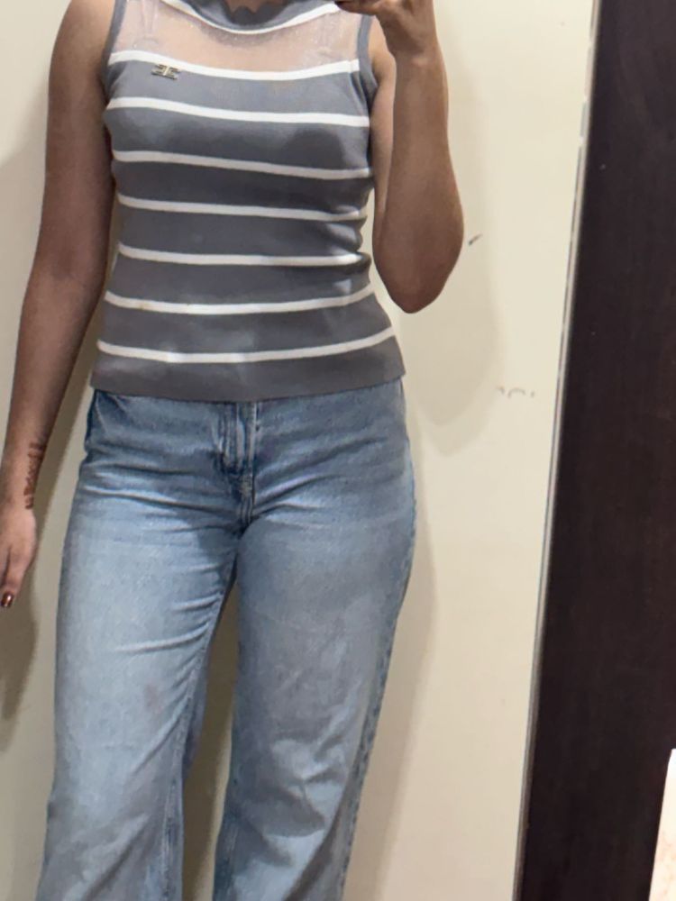 Striped Sleeveless Top with Sheer Neckline
