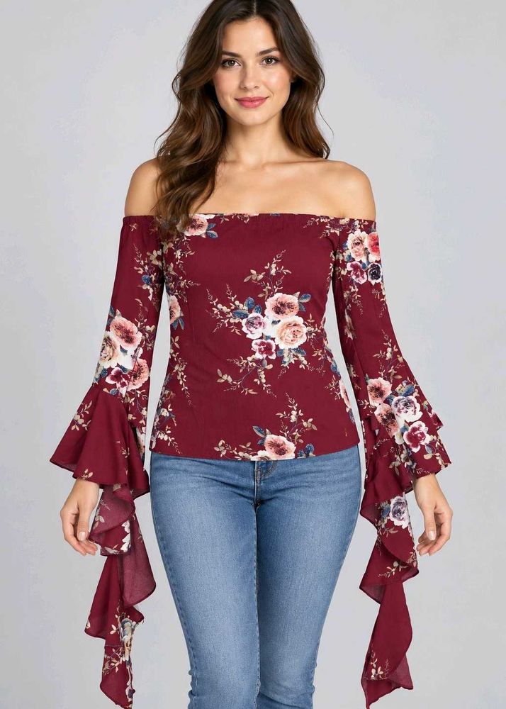 Floral Off-Shoulder Bell Sleeve Top