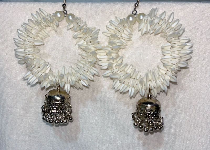 White Flower Hoop Earrings with Jhumka