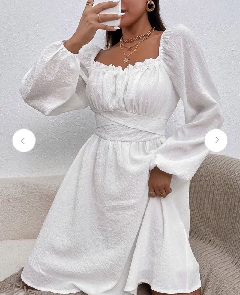 Chic White Square Neck Puff Sleeve Dress(XS)