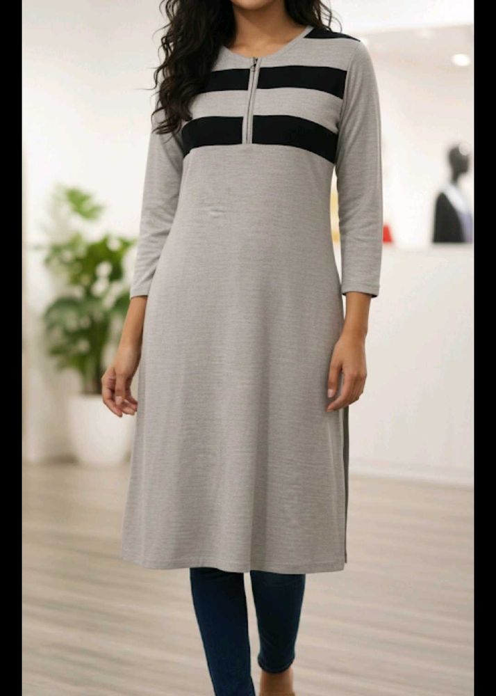 Grey Striped Kurti with Zipper