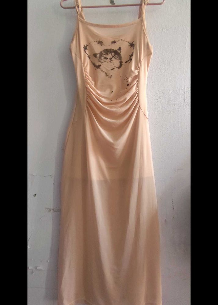 peach Cat Graphic Slip Dress