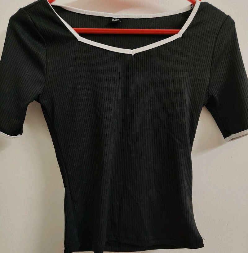 Ribbed Black Top with White Trim