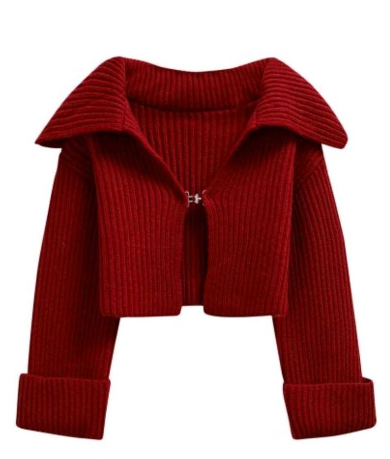 Chic Red Knit clasp hook Cropped Sweater