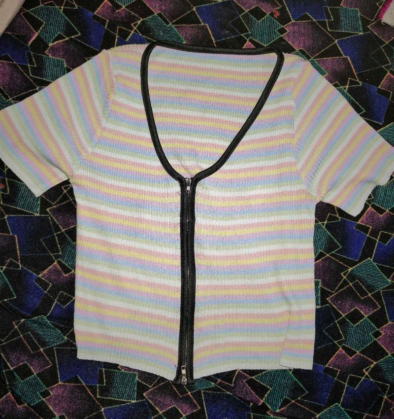 Pastel Striped Zip-Up Knit Top