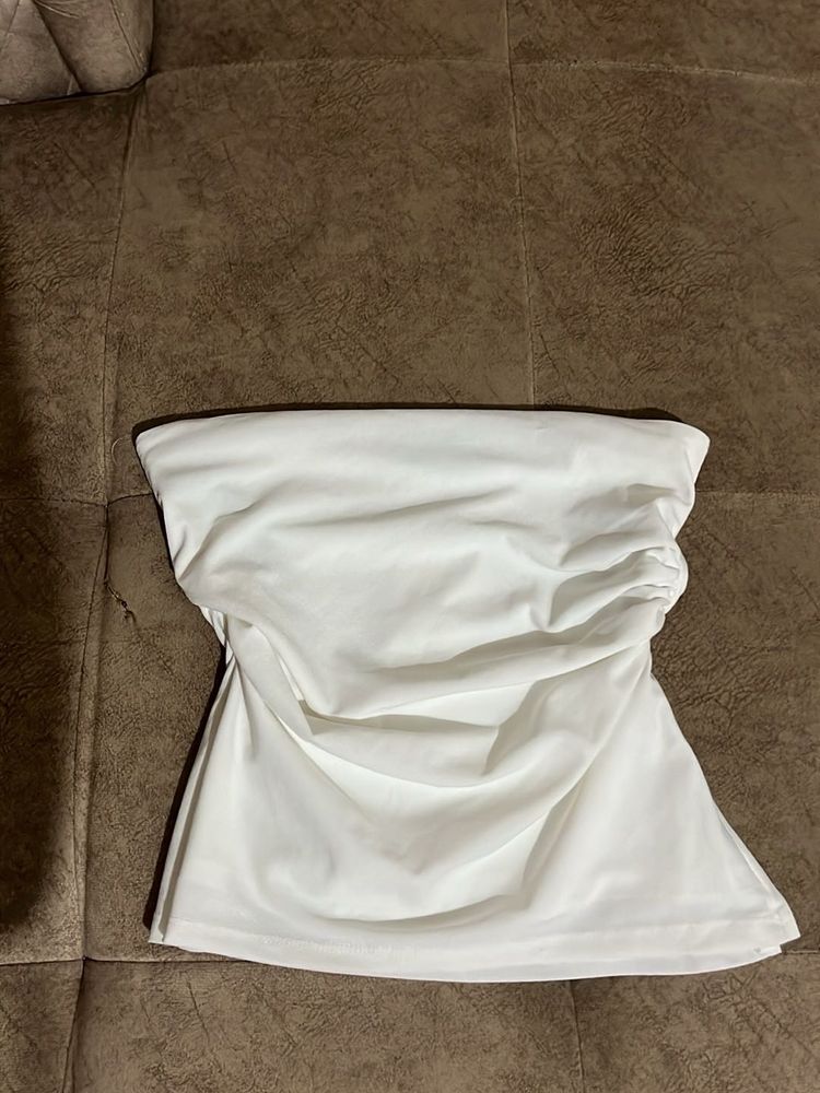White Strapless Ruched Top