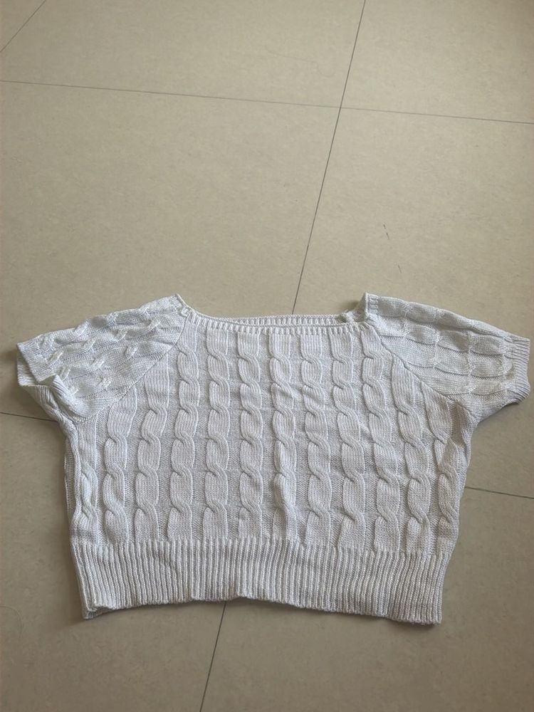 White Cable Knit Cropped Sweater