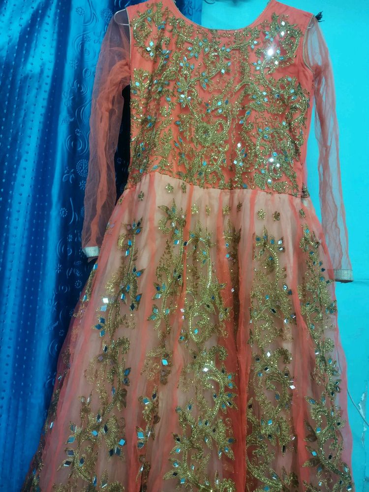 Floor Touch Gown in Peach colour with Mirror
