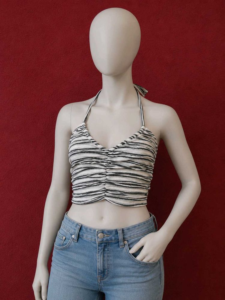 Striped Ruched Halter Neck Crop Top