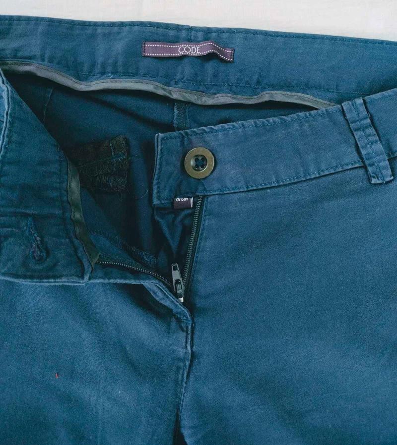 Blue Cotton Blend Casual Pants