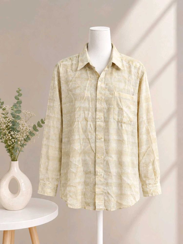 Men's Beige Plaid Long Sleeve Shirt