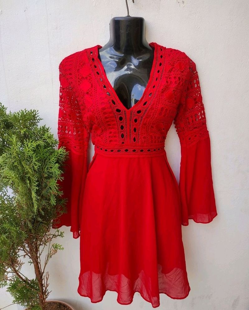 Red Lace Bell Sleeve Mini Dress