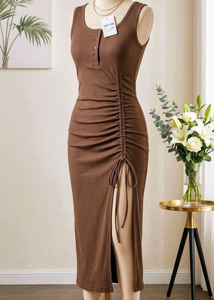 Bodycon Ruched Midi Dress (Brown)