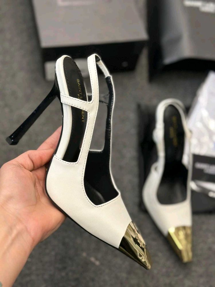 YSL Saint Laurent White &amp; Gold Heels