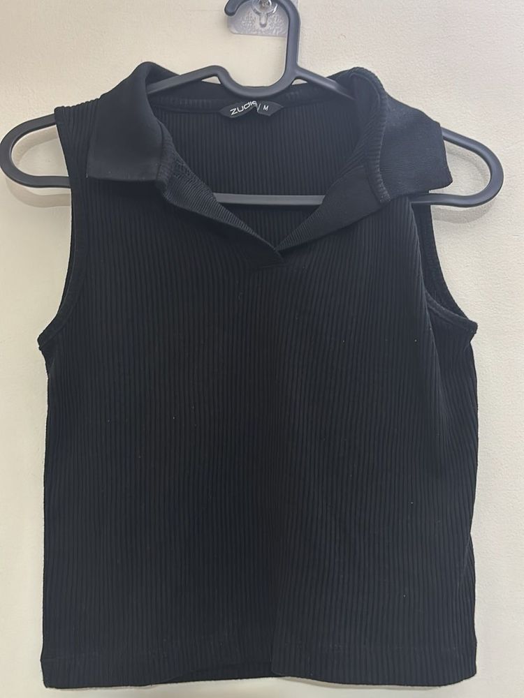 Sleek Black Ribbed Collared Sleeveless Top