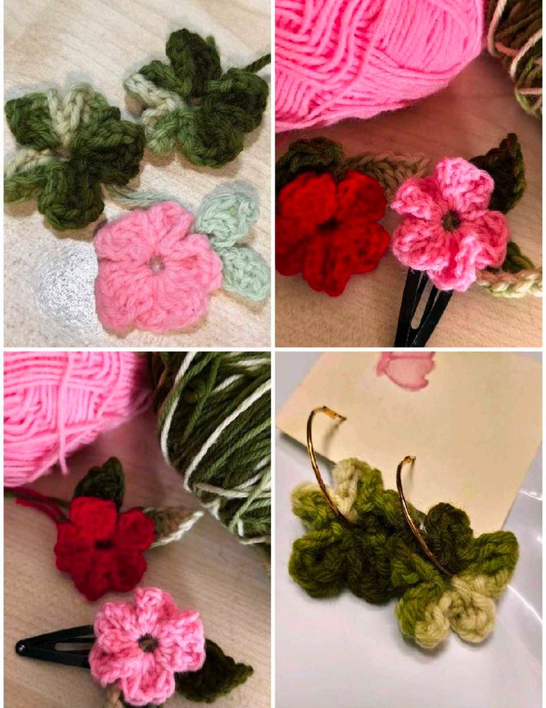 Handmade Crochet Flower Hair Clips &amp; Earrings