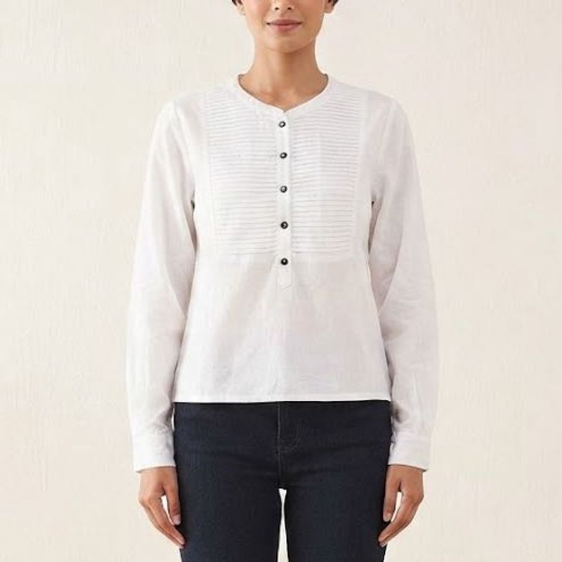 White Pintuck Button-Up Blouse