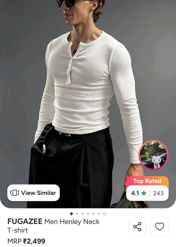 Men's White Ribbed Henley T-Shirt