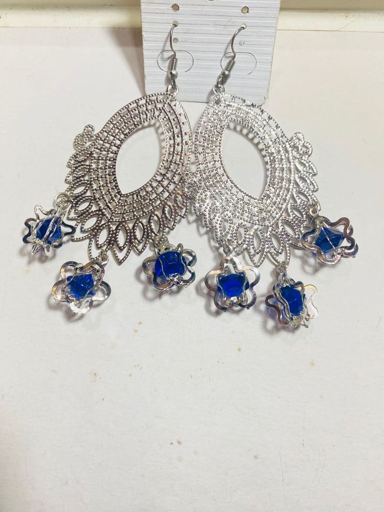 Silver Dangle Earrings with Blue Accents