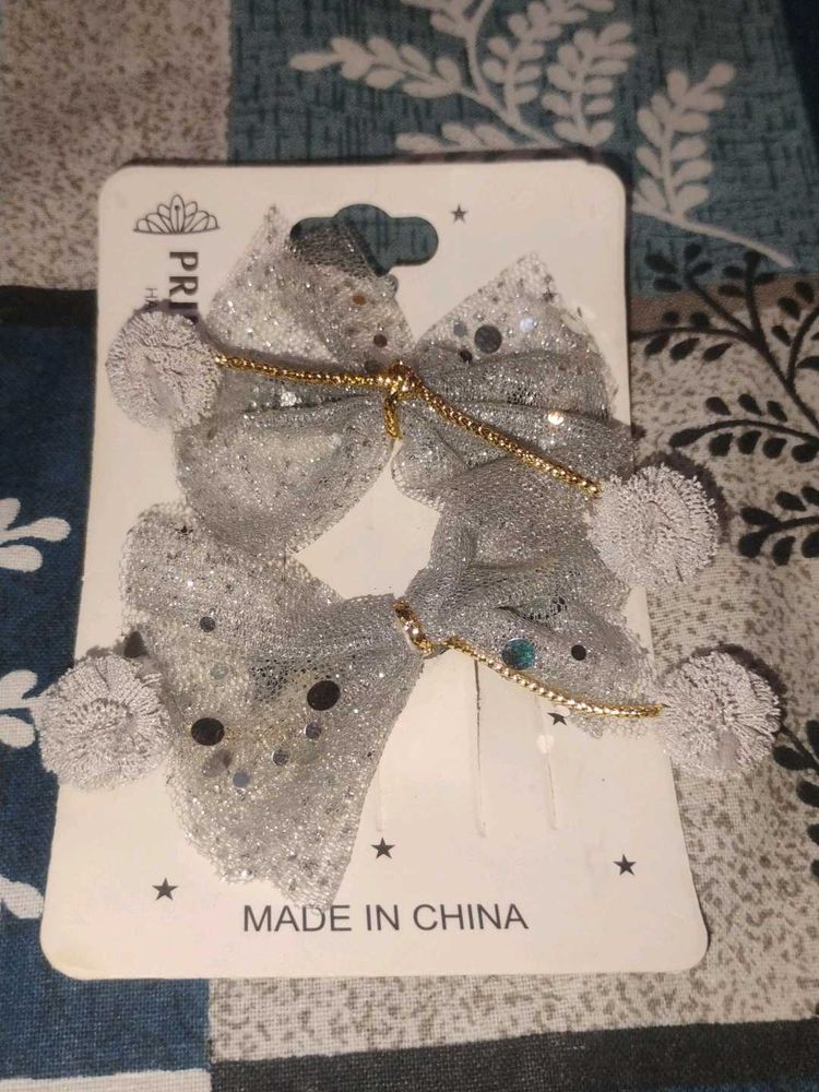 Sparkling Silver Bow Hair Clips