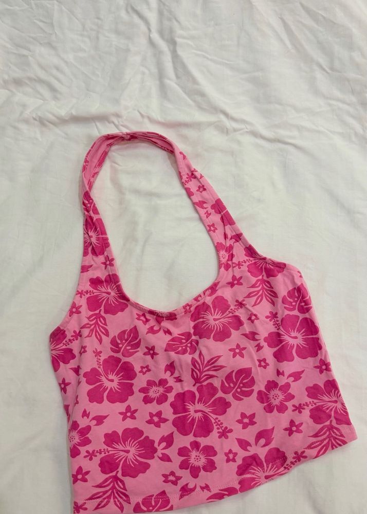 Pink Floral Halter Neck Tank Top