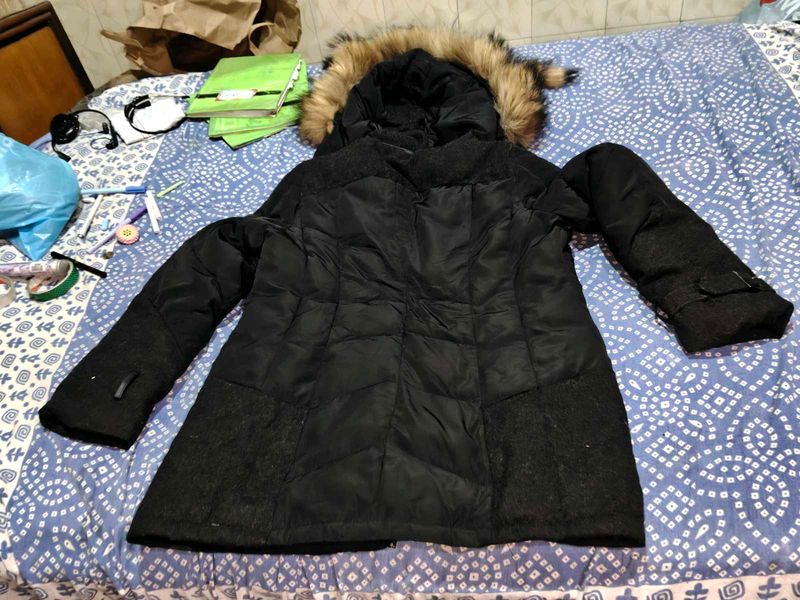 Black Puffer Coat with Faux Fur Hood men or women