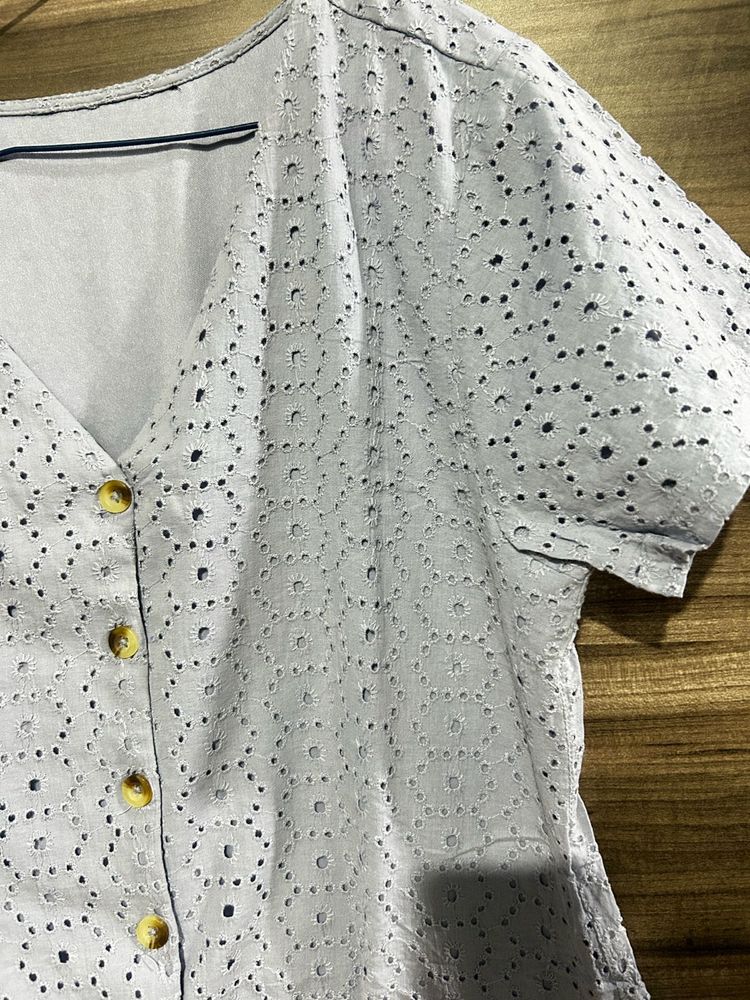 Eyelet Short Sleeve Button-Up Dress