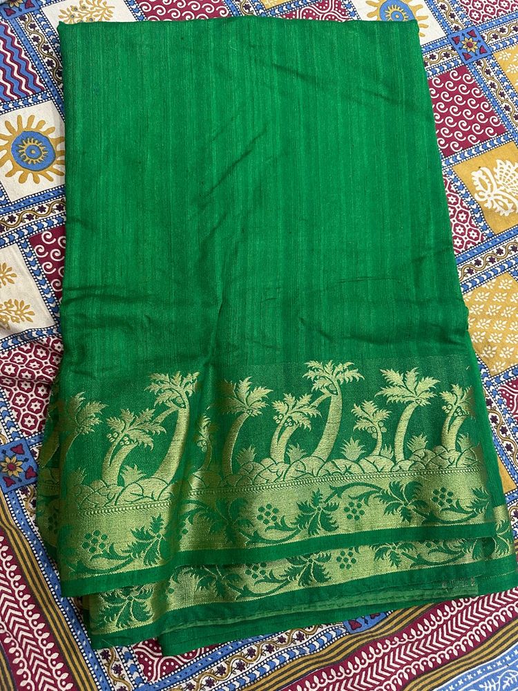 Green Silk Saree with Gold Border