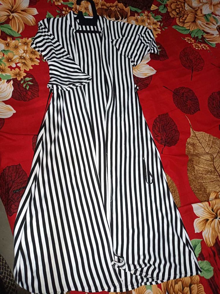 Black and white striped wrap shrug-knee length