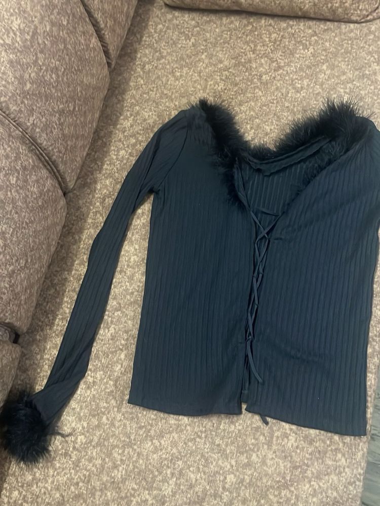 Furry Trim Long Sleeve Top
