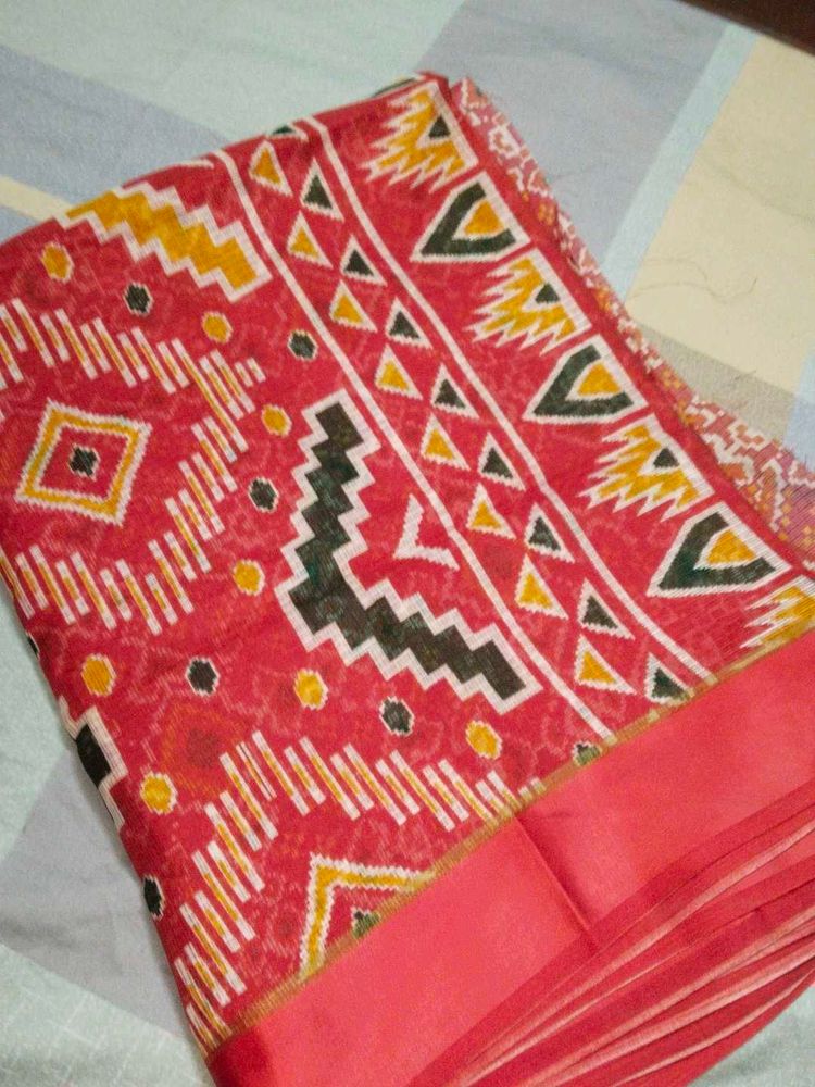 Vibrant Red Geometric Print Saree
