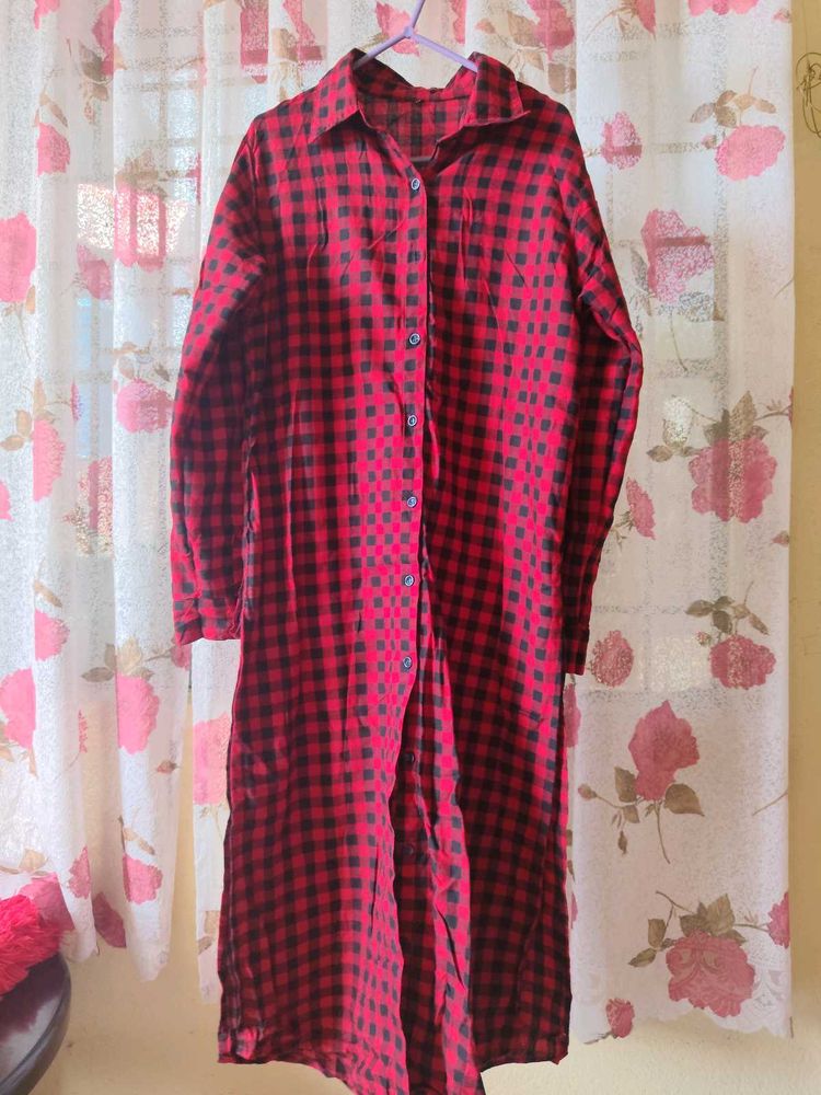 Red &amp; Black Checkered Maxi Shirt Dress(side slit)