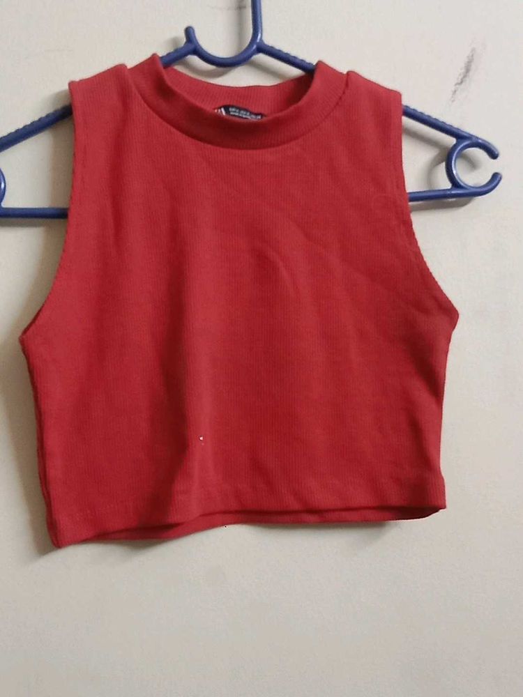 Red Sleeveless Mock Neck Crop Top