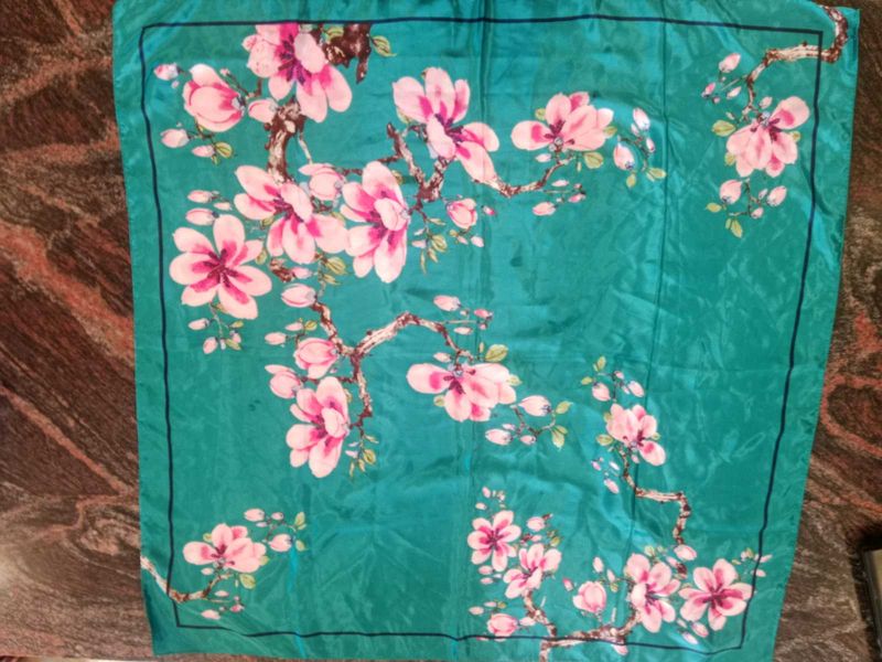 Turquoise Floral Print Satin Scarf