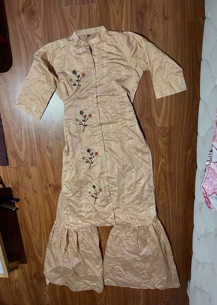 Peach Embroidered Kurti Set